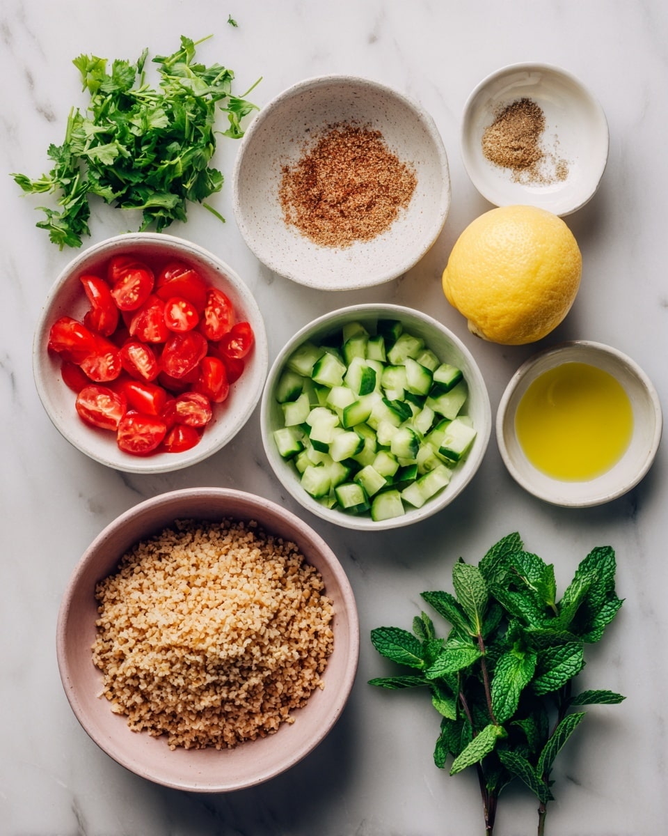 The image shows several ingredients arranged on a white marbled surface labeled for tabbouleh salad preparation. In the center bottom, there is a light pink bowl filled with coarse bulgur wheat, which has a brown, grainy texture. Around this bowl, there are small white bowls holding bright red diced cherry tomatoes, pale green chopped cucumber pieces, and light green chopped green onions. A whole yellow lemon sits beside the cucumber bowl. Next to the lemon is a small white dish containing a mix of brown and white spices. A small white bowl filled with golden olive oil is positioned at the right side. Fresh, bright green parsley leaves are to the left, and fresh mint leaves with dark green color are placed at the upper right. The arrangement is neat, with each ingredient clearly separated, and everything is laid out on a clean white marbled surface. photo taken with an iphone --ar 4:5 --v 7