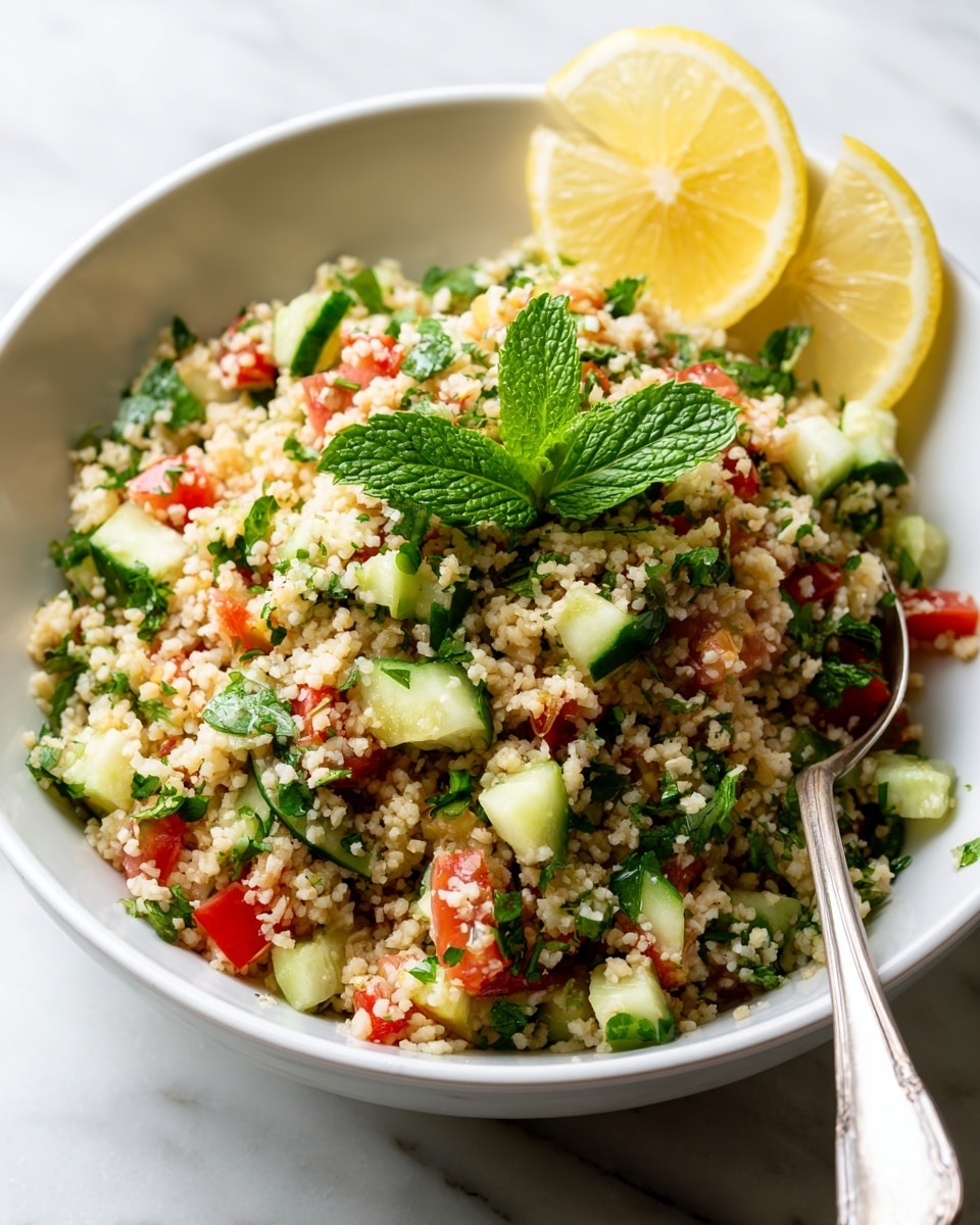 A white bowl filled with a three-layer salad is shown on a white marbled surface. At the base is a large mix of light brown bulgur grains with a soft texture and small size. Mixed thoroughly within are small chopped cucumber pieces in pale green, bright red diced tomatoes, and plenty of fresh green chopped parsley and mint leaves scattered through. On top near the edge are three fresh whole mint leaves in bright green, adding a leafy texture. Two thin half-moon lemon slices with bright yellow edges and pale yellow centers lean against the side of the bowl. A silver spoon rests on the right side, scooping some of the salad, showing the varied colors and textures. Photo taken with an iphone --ar 4:5 --v 7