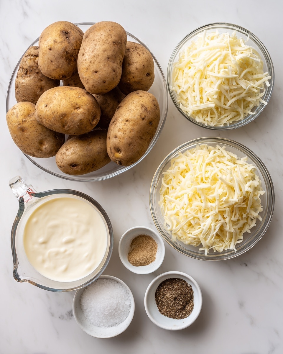 The image shows several clear glass bowls arranged on a white marbled surface, each containing different ingredients. One large bowl on the left holds seven whole russet potatoes with rough brown skin. To the right, two smaller bowls contain shredded white mozzarella cheese and shredded pale yellow gruyere cheese, both fluffy in texture. Below these, a clear measuring cup holds smooth pale cream, filled almost to the top. A small white bowl features three spices neatly placed side by side: light beige garlic powder, brown nutmeg, and dark black pepper. White salt crystals fill the remaining space in the bowl. The ingredients are spread out clearly in a neat, organized way, all on the white marbled surface. Photo taken with an iphone --ar 4:5 --v 7