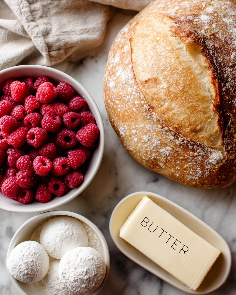 A close-up image showing a round loaf of bread with a golden-brown crust and a dusting of flour on top, positioned on the top right side. Below the bread, on the left, there is a white bowl filled with bright red raspberries. To the right of the bowl with raspberries is a rectangular piece of pale yellow butter with the word