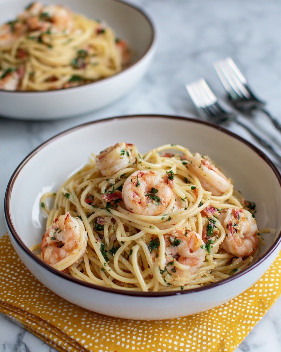 A white bowl filled with two nests of light yellow spaghetti, mixed with small pink shrimp scattered on and around the pasta. The spaghetti looks smooth and shiny, with tiny green herbs sprinkled on top. Next to the bowl is a silver fork resting on a yellow cloth with small white dots. A pan in the background shows more spaghetti and shrimp, placed on a white marbled surface. photo taken with an iphone --ar 4:5 --v 7