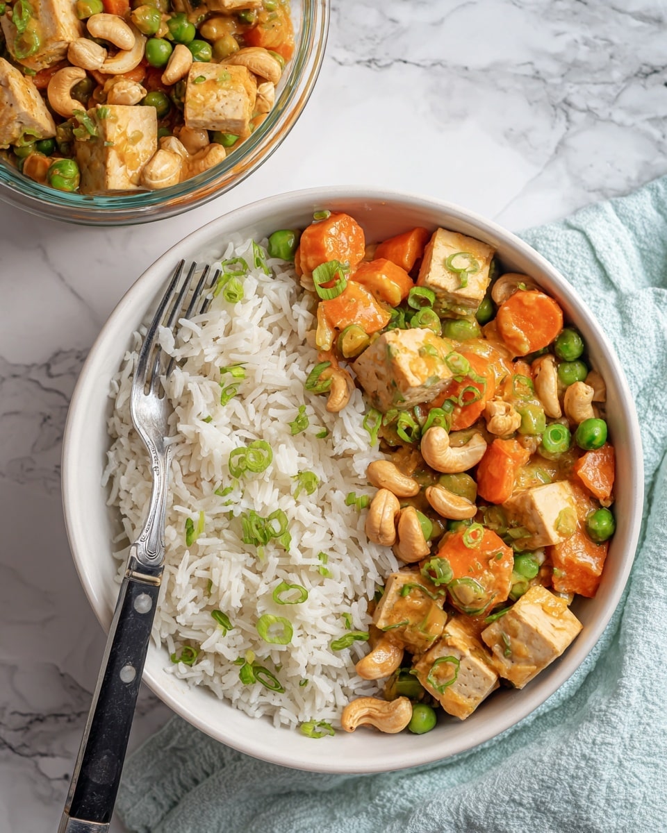 A clear rectangular glass baking dish is filled with an orange creamy sauce with visible peas and cashew nuts mixed in throughout. White tofu cubes are spread over the top, some lightly dusted with black pepper. Bright green chopped scallions are sprinkled generously over the surface, adding contrast and freshness to the dish. The dish rests on a white marbled surface with a light blue cloth partially visible on the right side. photo taken with an iphone --ar 4:5 --v 7