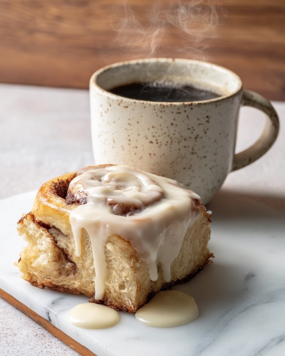 Two slices of cinnamon roll are stacked on a white marbled surface, showing a light brown swirl pattern inside. The cinnamon roll is covered with thick, creamy white icing that drips down the sides and pools on the surface below. Next to the cinnamon roll is a speckled light-colored ceramic mug filled with dark hot coffee, with steam rising from the top. The background behind is a soft wood texture. Photo taken with an iphone --ar 4:5 --v 7