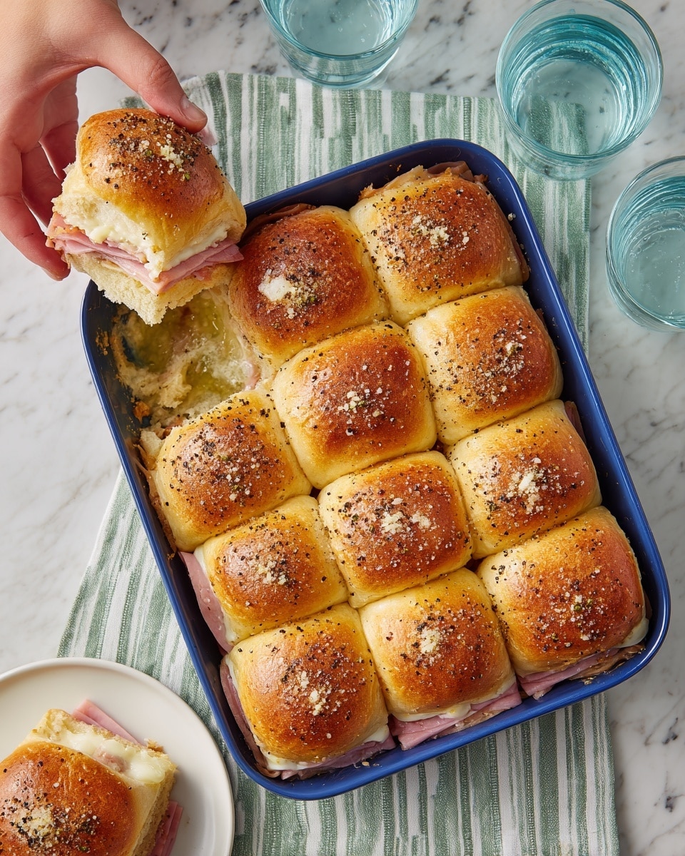 A baking tray filled with twelve sandwich sliders arranged in three rows of four. Each slider has a golden brown top bun sprinkled with coarse seasoning that looks like mixed herbs and salt, with a shiny, slightly crisp texture. Inside, a layer of pink ham is visible under the buns, topped with melted pale yellow cheese peeking out at the edges. The tray is placed on a white marbled surface, and around it, there are glasses with water and a folded striped cloth in shades of blue and white. Photo taken with an iphone --ar 4:5 --v 7