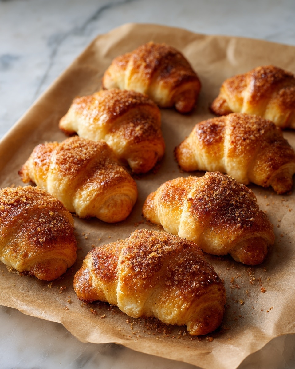 Eight baked crescent rolls are placed in two rows of four on brown parchment paper. Each crescent is golden brown with a textured, slightly crumbly crust on top, showing a sugary or nutty topping that adds a rough surface. Some darker filling peeks out from the bottom and edges, adding a contrast to the warm golden rolls. The background is a white marbled texture and the image is taken from above, showing the even spacing and uniform size of the crescent rolls photo taken with an iphone --ar 4:5 --v 7