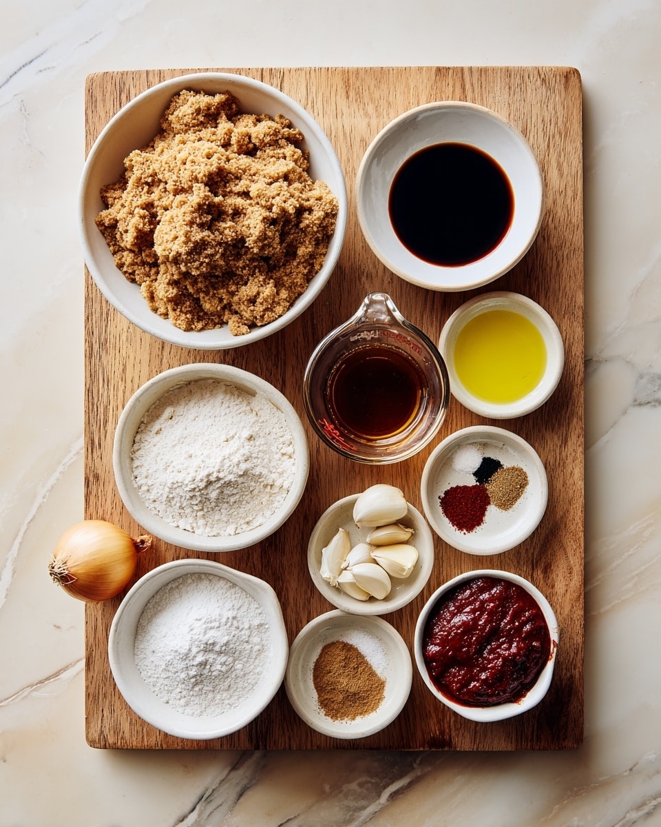 A wooden board holds several bowls and ingredients arranged neatly on a white marbled surface. In the top left is a large white bowl filled with textured brown crumbles. To the right, a small white bowl contains dark soy sauce. Below that, another small white bowl has five small piles of spices in different colors: tan, black, white, red, and brown. Below that, a bowl with light brown powder sits next to four peeled garlic cloves. Centered is a glass measuring cup filled with clear brown liquid. To the bottom left, a white bowl is filled with white flour, and next to it is a small white bowl of yellow oil. At the bottom right, a small white bowl holds a thick deep red paste. A small yellow onion is placed on the wooden board near the center-left side. Photo taken with an iphone --ar 4:5 --v 7