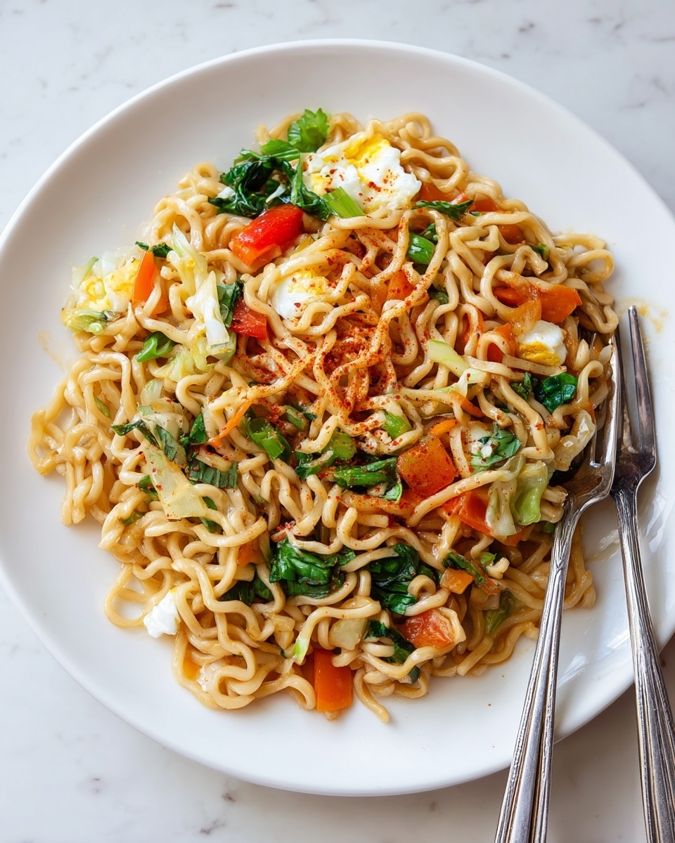 The image shows a close-up of a black wok filled with cooked instant noodles in the center, golden-brown and curly in texture. Surrounding the noodles are mixed colorful vegetables including bright red bell peppers, orange carrot strips, green onions, white cabbage, and bits of scrambled light yellow eggs. A wooden spatula is stirring the ingredients on the right side. The backdrop is a white marbled texture. photo taken with an iphone --ar 4:5 --v 7