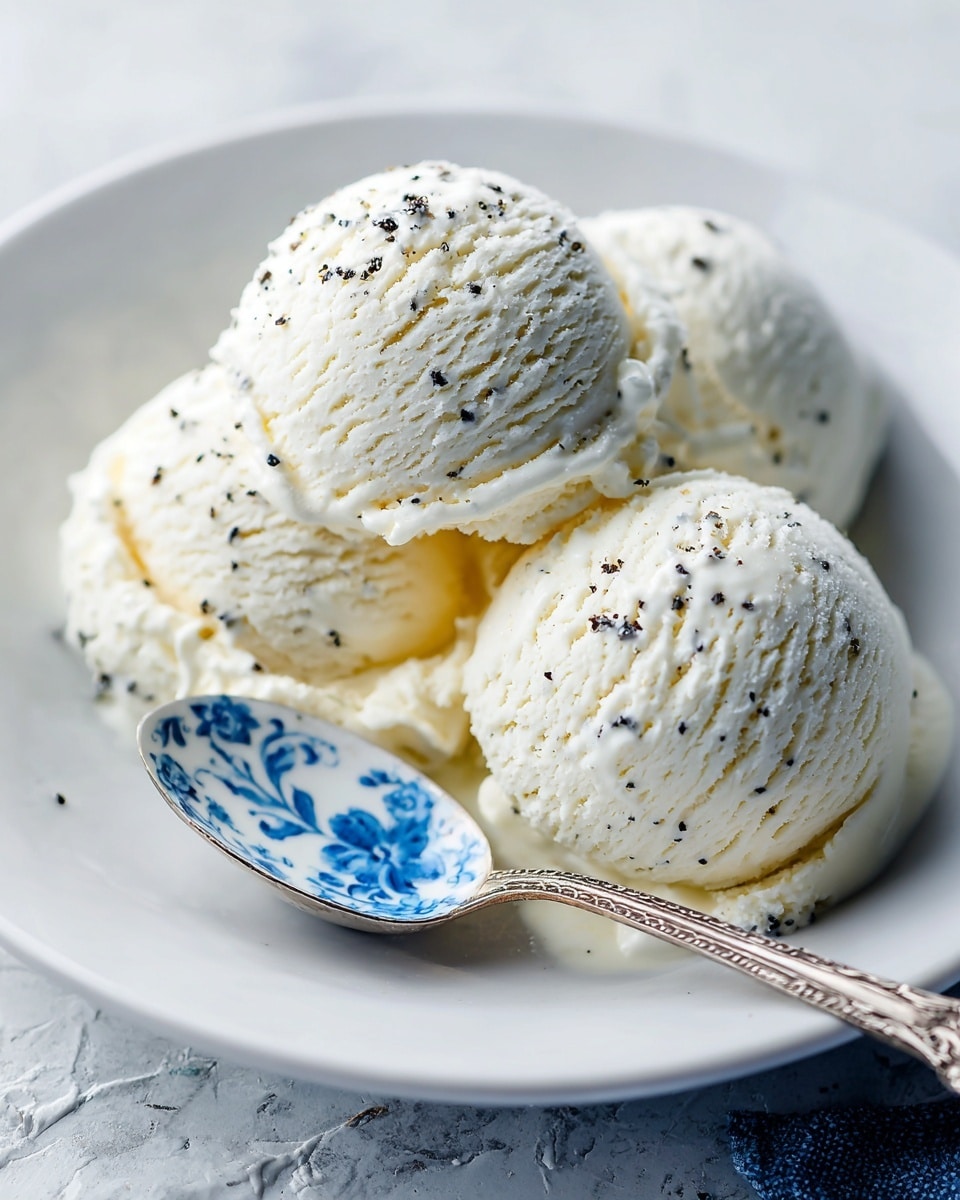 Three scoops of creamy vanilla ice cream are placed in a white scalloped bowl. The scoops are smooth with small visible vanilla bean specks, showing a soft texture. A silver spoon rests in the right scoop, slightly digging into the ice cream. The bowl sits on a white marbled surface with a beige textured cloth in the background. The lighting is soft and natural, highlighting the creamy whiteness of the ice cream. photo taken with an iphone --ar 4:5 --v 7