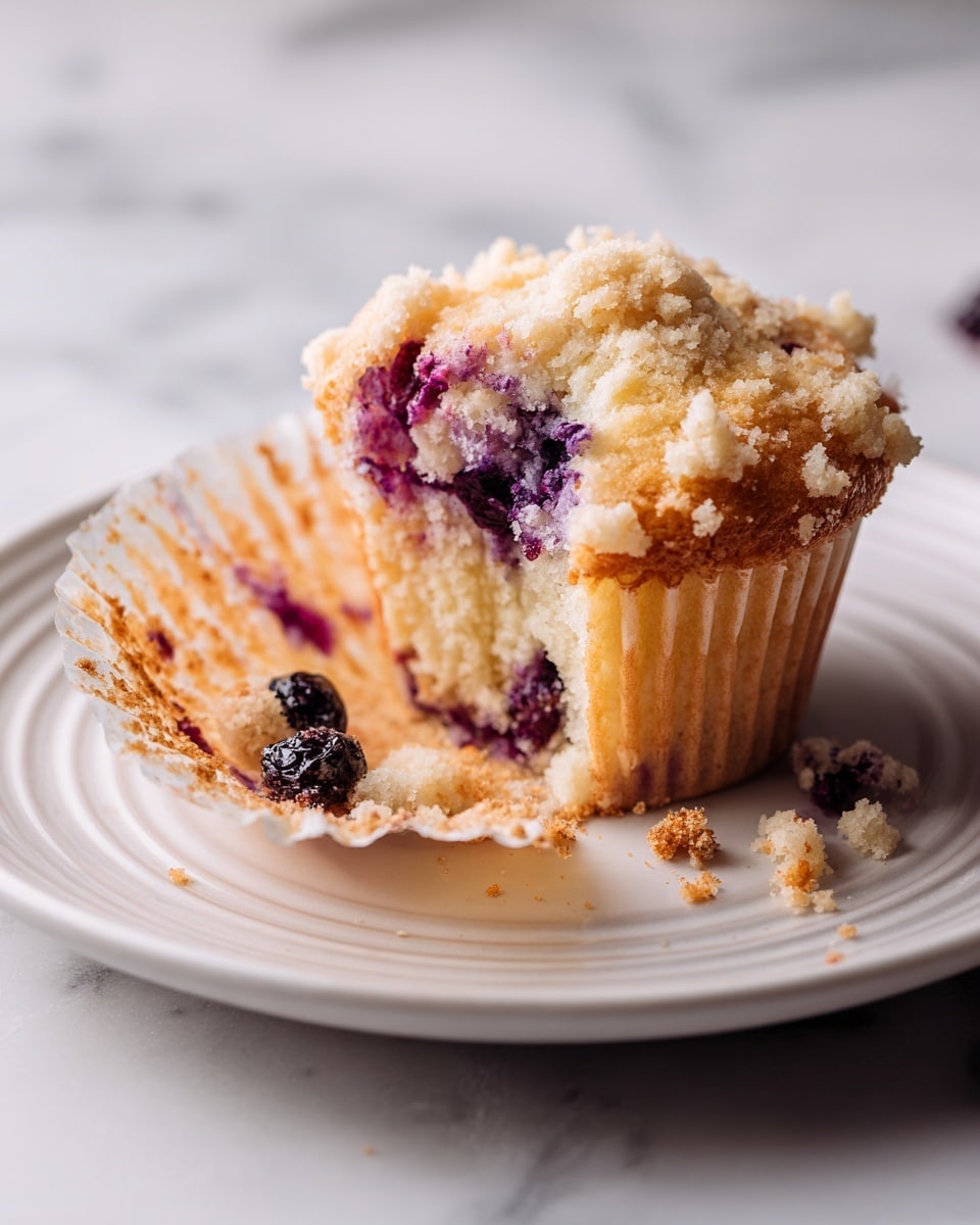 A woman’s hand holds a round wooden tray with a metal rim, filled with nine crumb-topped muffins. Each muffin shows a rough, crumbly golden-brown top sprinkled with bits of white and darker spots where berries peek through. The muffins sit in dark paper liners, and the texture on top looks light and bumpy with a mix of smooth and rough crumb. The background is a soft grey shirt and striped apron, with the whole scene resting on a white marbled surface. Photo taken with an iphone --ar 4:5 --v 7