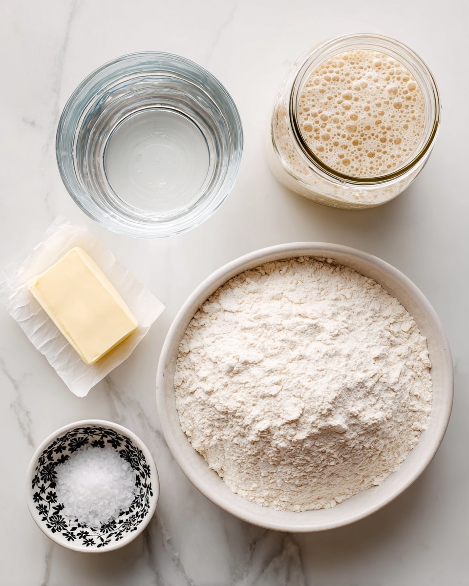 A white bowl filled with a fluffy layer of pale beige bread flour is at the bottom center. Above it to the right, there is a clear glass jar with a bubbly, light tan sourdough starter. To the left of that, a round clear glass container filled with clean water sits on the white marbled surface. Below the water jar and sourdough starter, a pale yellow stick of unsalted butter wrapped in paper lies diagonally. Next to the butter stick on the right, a small white bowl with a black floral pattern holds fine white salt. All ingredients are arranged on a white marbled surface, photographed from above. photo taken with an iphone --ar 4:5 --v 7