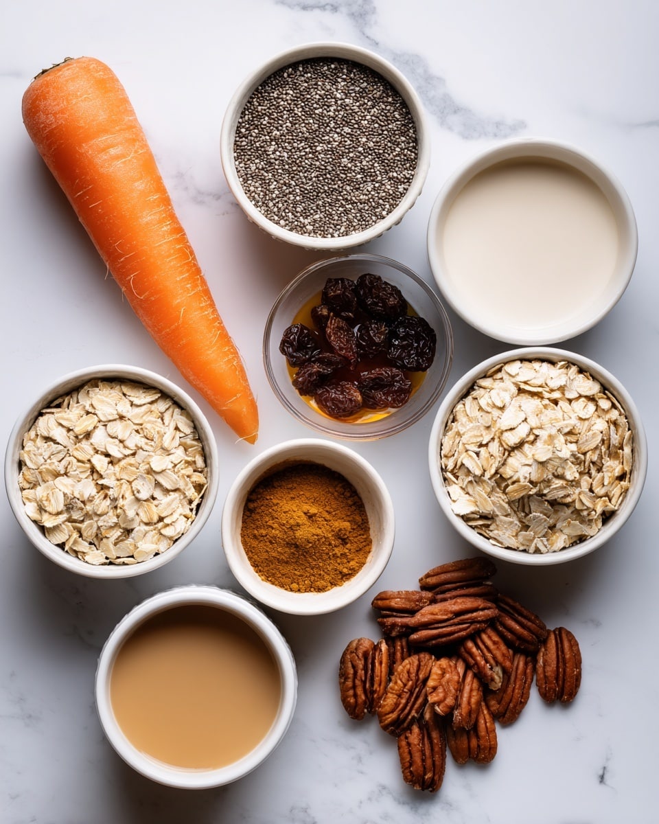 A small carrot with a smooth orange surface lies in the middle surrounded by separate white bowls each holding different ingredients: soy yogurt with a creamy white texture, chia seeds showing tiny black and white specks, dairy-free milk in a white bowl with a pale beige liquid, rolled oats with a light tan, flaky texture, raisins with a dark shriveled appearance, and maple syrup in a small transparent cup with a rich amber color. Additionally, a bowl holds cinnamon and nutmeg powders, displaying warm brown shades, and a small pile of pecans with a rich brown fore textured surface is placed directly on the white marbled background. Each ingredient is clearly separated, creating an organized and clean visual layout. Photo taken with an iphone --ar 4:5 --v 7