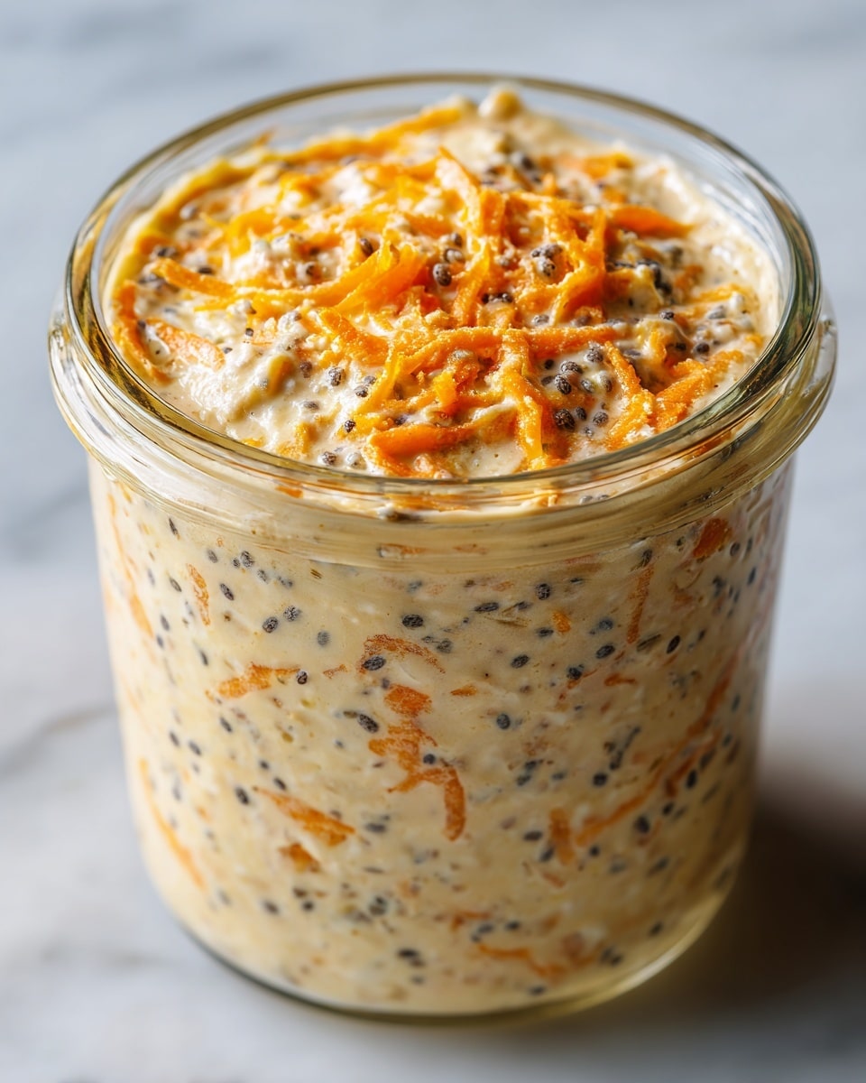 A clear glass jar filled with a creamy mixture that has visible orange carrot shreds and small black chia seeds spread evenly throughout. The mixture looks smooth and thick, almost filling the jar to the top with a slightly wet texture. The jar is placed on a white marbled surface with soft lighting highlighting the different colors and textures of the contents inside. The focus is on the jar's contents, showing the contrast between the creamy base, thin orange carrot strips, and tiny black chia seeds. photo taken with an iphone --ar 4:5 --v 7