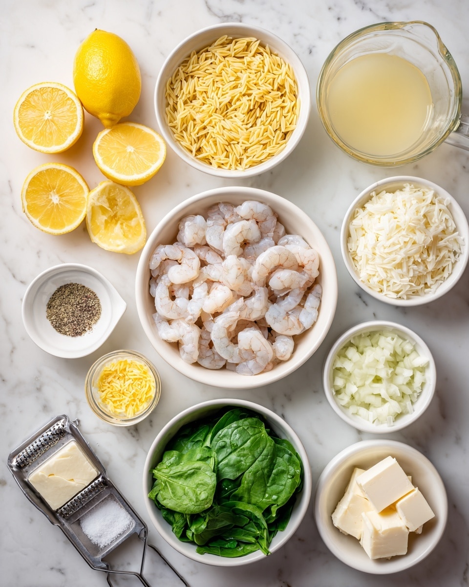 The image shows ingredients neatly arranged on a white marbled surface with a total of eleven containers or items visible. In the center is a white bowl filled with pale pink shrimp. Above it, there is a white bowl full of uncooked yellow orzo pasta and next to that, a clear measuring cup containing light yellow broth. To the left, there is a group of lemon slices stacked beside a whole lemon, and below them, a silver lemon squeezer with a small white dish holding fresh lemon juice. Near the lemon is a small white bowl with bright yellow lemon zest. On the right side, there is a small white dish with salt and black pepper. Below the shrimp is a bowl filled with fresh green spinach leaves, next to it is a bowl of finely chopped white onion. Above the spinach is a bowl with white cubes of cheese, and adjacent to the pepper dish is a smaller bowl holding two pieces of pale yellow butter. Photo taken with an iphone --ar 4:5 --v 7