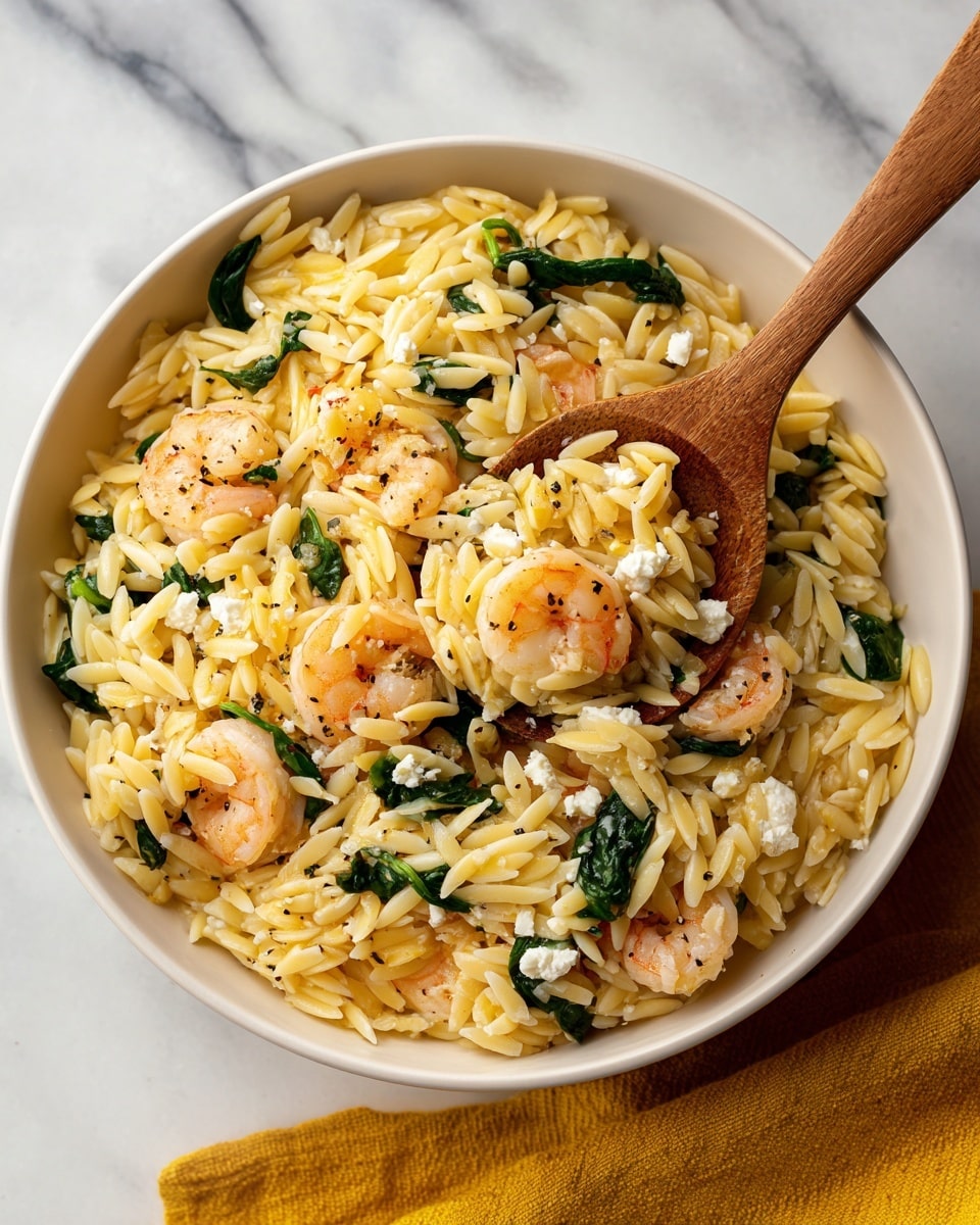 A white bowl filled with orzo pasta cooked to a soft yellow color, mixed with small chunks of white cheese scattered evenly throughout. Light pink shrimp, seasoned with black pepper, are spread across the dish with pieces of bright green spinach leaves adding color contrast. Small bits of light-colored onion are visible in the mix. A wooden spoon sits on top, lifting some pasta, shrimp, cheese, and spinach. The bowl is placed on a white marbled surface, next to a yellow cloth. photo taken with an iphone --ar 4:5 --v 7