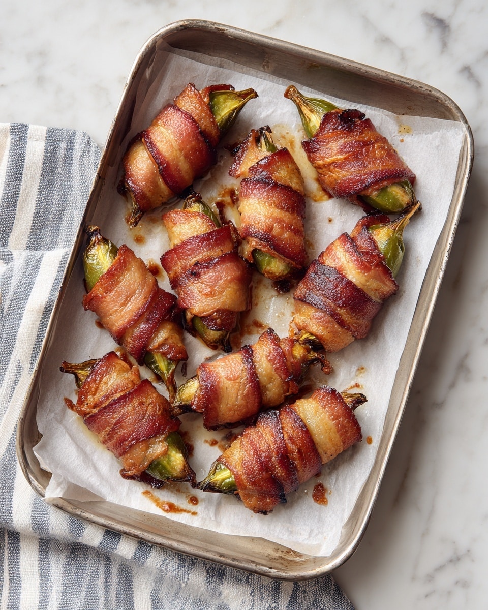 A metal tray lined with wrinkled white parchment paper holds nine pieces of food wrapped in golden brown, crispy bacon. Each piece underneath is green, slightly pointed at one end, and oval-shaped, showing through the bacon wrapping with a textured surface. The bacon is cooked with a mix of darker and lighter brown striping, some parts caramelized. There are small spots of cooked oil and browned bits on the parchment paper around the pieces. The tray sits on a white marbled surface with a striped cloth partially visible at the bottom left. Photo taken with an iphone --ar 4:5 --v 7