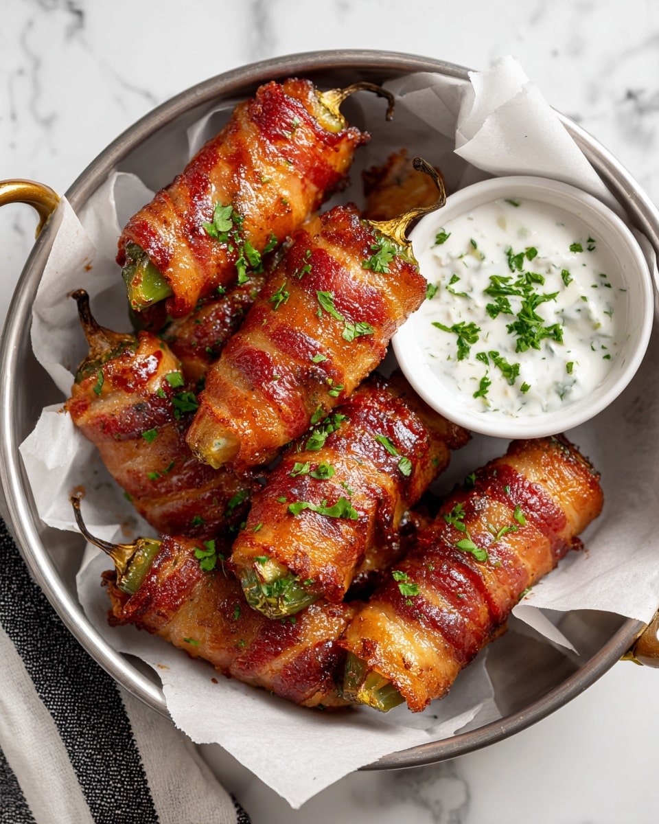 A round metal tray lined with white paper holds several bacon-wrapped pickles, each with three to four layers of shiny, crispy bacon in reddish-brown and golden shades wrapped tightly around green pickles. In the center of the tray is a small gray bowl full of white creamy sauce with tiny green herb specks. A woman's hand is dipping one bacon-wrapped pickle into the sauce, showing the pickle fully covered with sauce at the tip. The tray rests on a white marbled surface with a soft striped cloth partially visible in the front. photo taken with an iphone --ar 4:5 --v 7