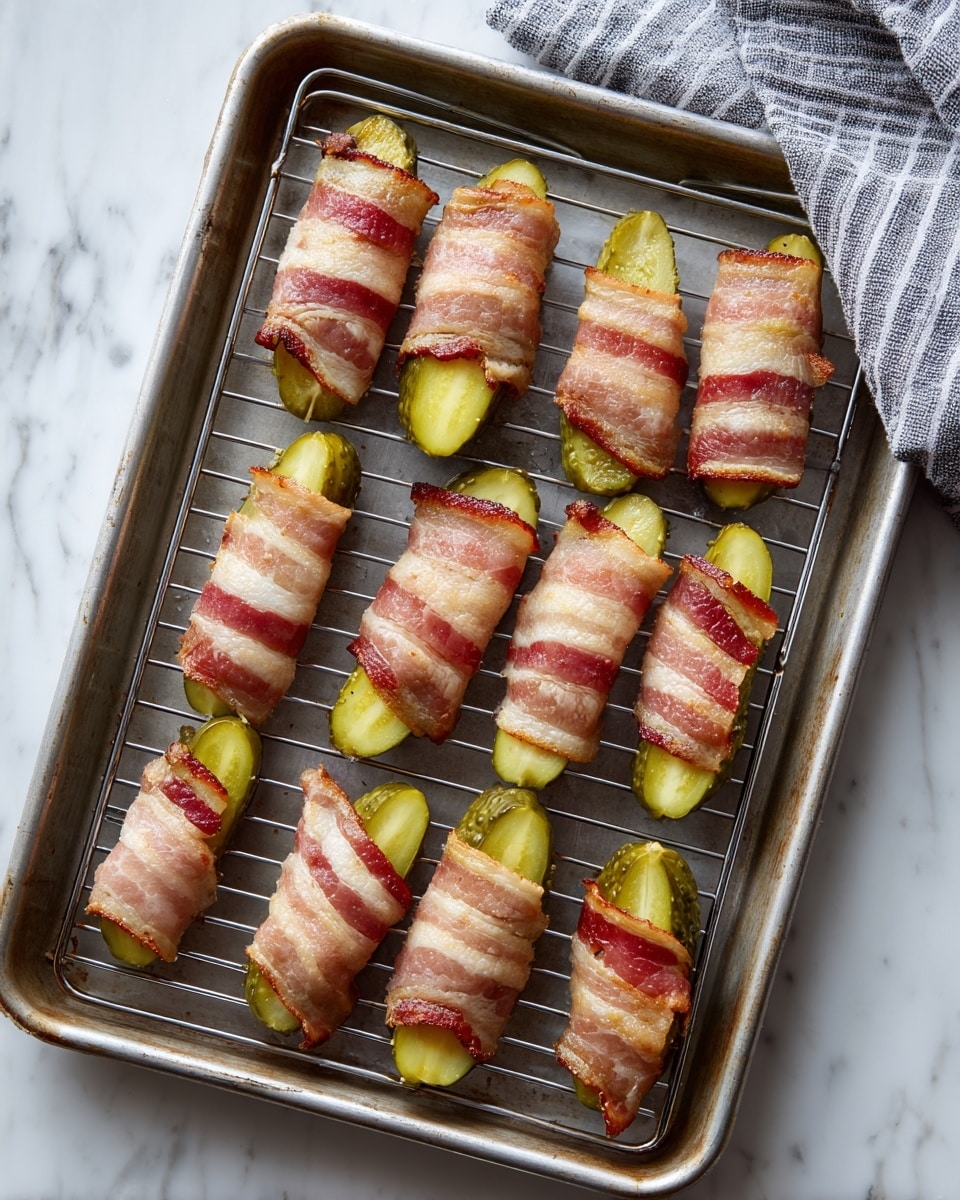 A metal baking tray with a wire rack on top holds eleven pieces of bright yellow-green pickles, each wrapped with pale pink and white striped raw bacon. The pickles are placed horizontally in four neat rows with visible textures of the bacon’s fat and meat, showing soft folds and slight curls that wrap around each pickle. A gray and white striped cloth is partly visible at the top right corner, while the tray sits on a white marbled surface. The overall scene looks ready for cooking. photo taken with an iphone --ar 4:5 --v 7