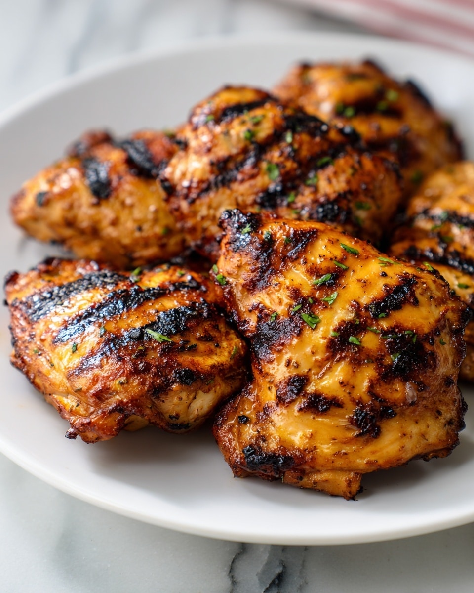 A white plate holds several grilled chicken pieces, each showing golden brown skin with darker grill marks and some blackened spots. The chicken has a shiny, slightly oily surface and is sprinkled with small green herbs, adding a touch of color. The background is a white marbled texture, and the image is close up, focusing on the texture and color of the chicken. photo taken with an iphone --ar 4:5 --v 7