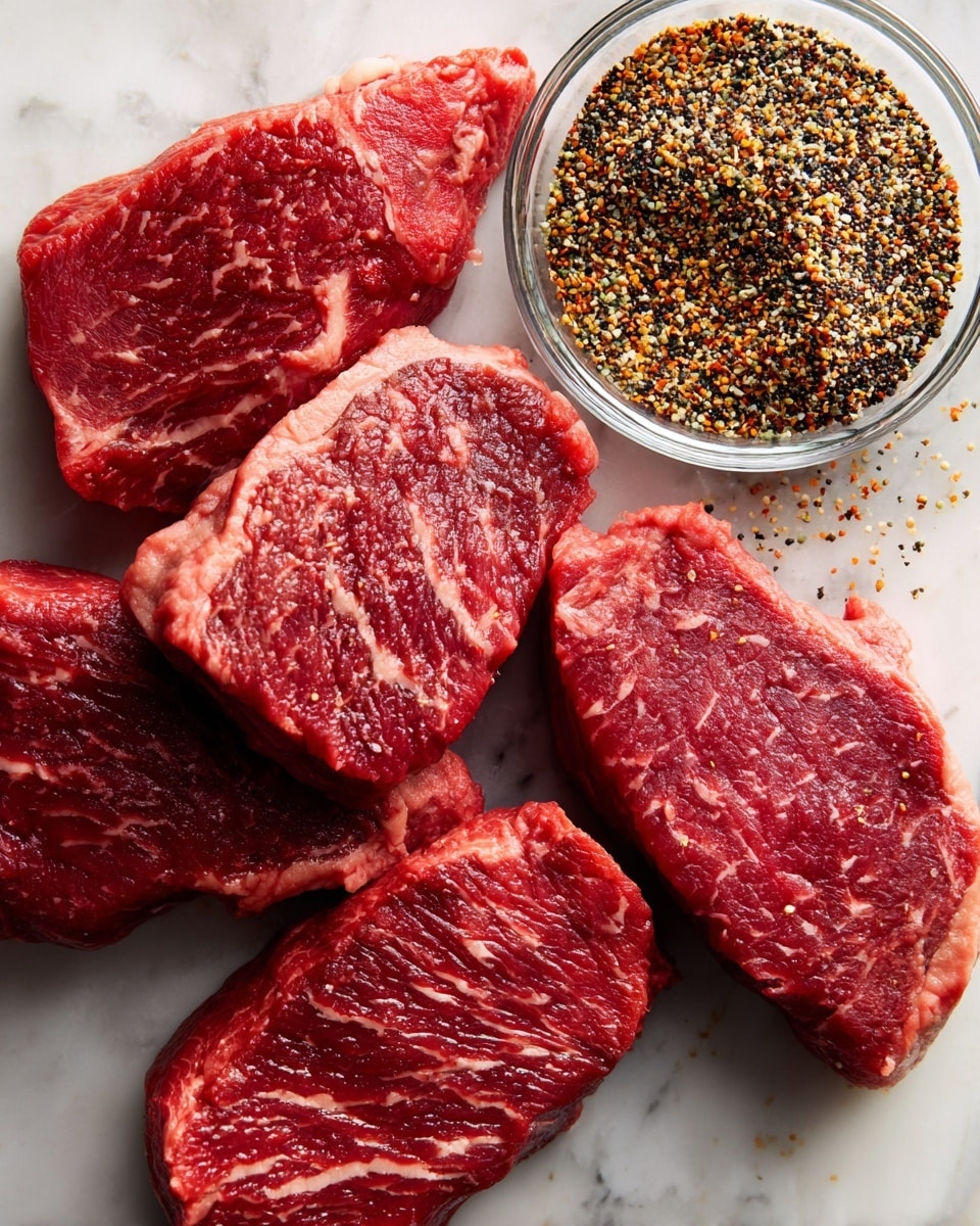 The image shows four raw steaks with a rich red color and white marbling of fat evenly spread throughout each piece, lying flat on a white marbled surface. Next to the steaks, there is a small clear glass bowl filled with a coarse spice mix, which has black, yellow, and orange specks creating a textured look. The steaks are arranged close to each other with slight overlaps, and the lighting highlights the fresh texture and juicy appearance of the meat. photo taken with an iphone --ar 4:5 --v 7