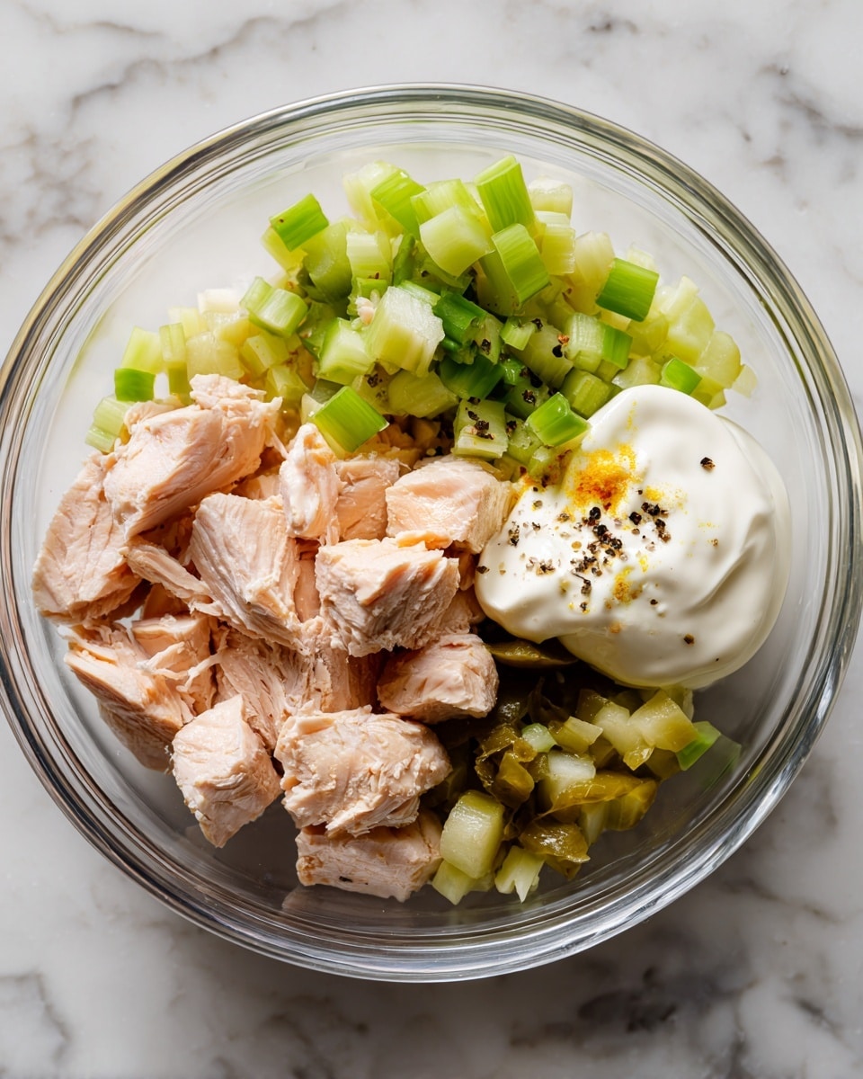 In a clear glass bowl, there is a mix of ingredients starting with large chunks of pale pink cooked fish scattered around. Next to the fish, there are small diced pieces of light green celery and darker green chopped pickles, both adding fresh color. A dollop of creamy white mayonnaise mixed with a bit of yellow mustard sits beside the vegetables. The ingredients are unevenly spread and sprinkled with small black pepper flakes. The bowl rests on a white marbled surface photo taken with an iphone --ar 4:5 --v 7