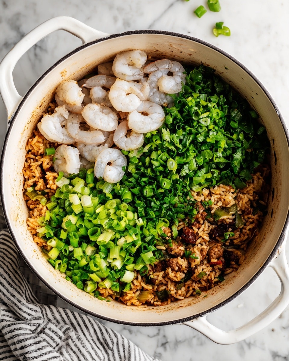 A white pot filled with a dish showing three main layers: the bottom layer is a mix of cooked rice with small chunks of brown meat and bits of vegetables, the middle layer is fresh bright green chopped herbs and scallions spread evenly over the rice, and the top layer is a pile of raw, pale gray shrimp placed on one side. The pot sits on a white marbled surface with a striped cloth nearby. photo taken with an iphone --ar 4:5 --v 7