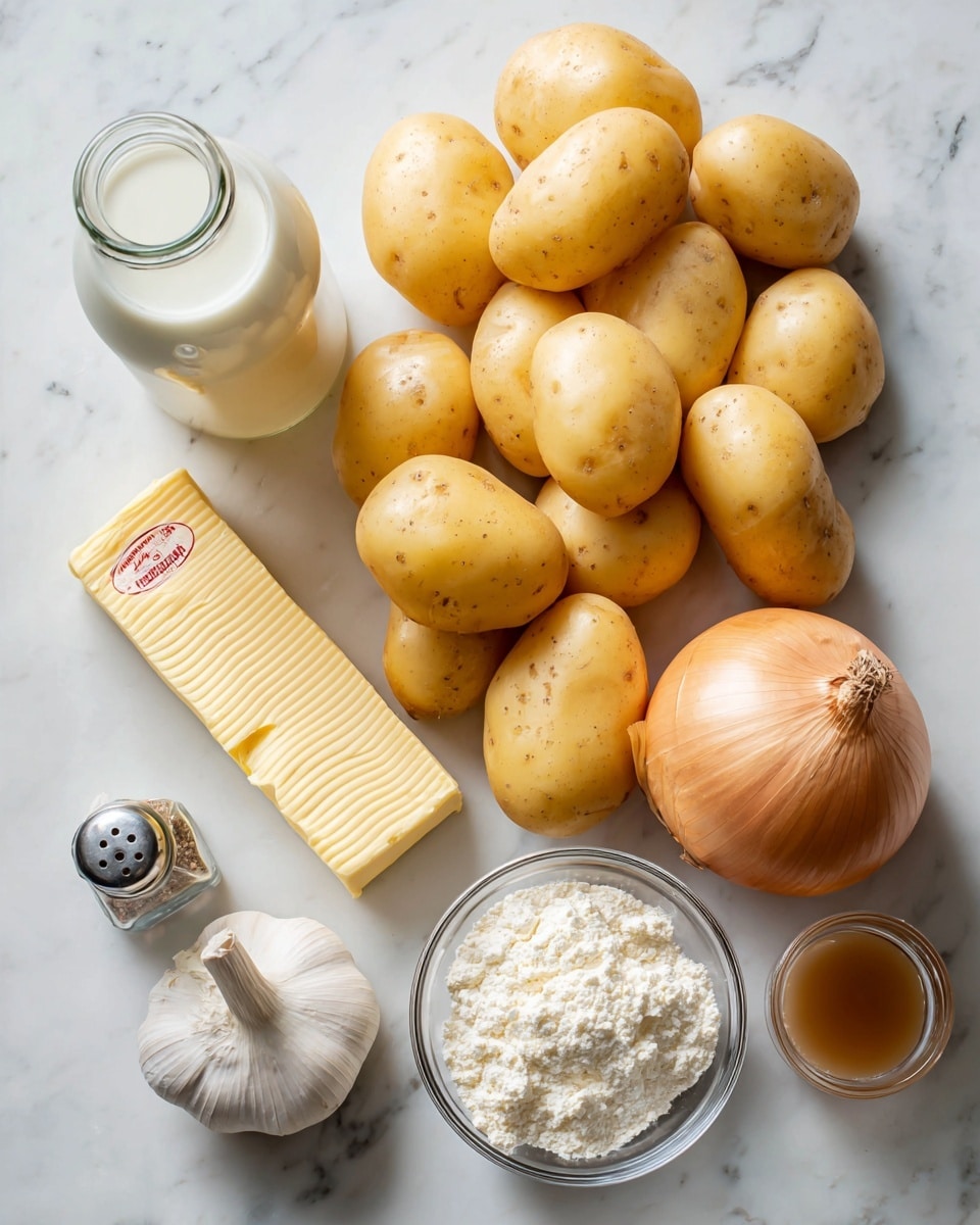 A collection of raw cooking ingredients arranged on a white marbled surface includes a cluster of yellow potatoes with smooth skins at the center, a small clear glass bottle of white milk to the left, a rectangular block of yellow butter with red lettering near the center, a bulb of white garlic below the potatoes, and a round yellow onion to the right. There is a small glass bowl of white flour near the bottom right, a clear glass container with brown broth to the bottom left, and two small glass salt and pepper shakers in the lower left corner. The ingredients are labeled in black bold text above or beside them, creating a simple, clean layout. photo taken with an iphone --ar 4:5 --v 7