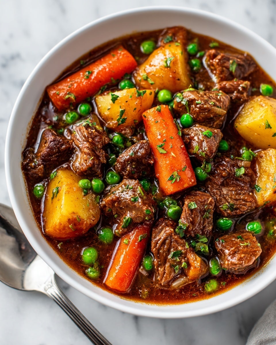 A white bowl filled with a thick stew that has four main layers: large bright orange carrot slices on the top, tender brown beef pieces scattered evenly, yellowish potato chunks nestled throughout, and small bright green peas dotting the dish. The stew has a glossy, brownish gravy that coats all ingredients, adding a shiny texture. The bowl is placed on a white marbled surface, and a silver spoon is slightly visible at the bottom right corner. The overall look is warm and rich, with a close-up view showing the texture of the vegetables and beef clearly. photo taken with an iphone --ar 4:5 --v 7