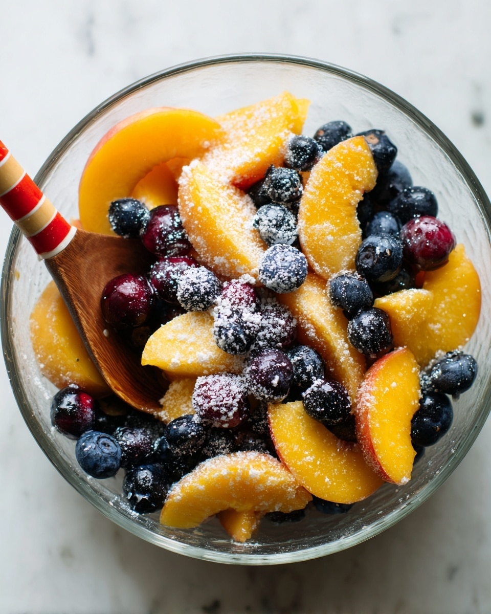 A clear glass bowl filled with a mix of yellow peach slices and small dark blue blueberries, both covered lightly with a white powdery substance. The peach slices have a soft, juicy texture while the blueberries appear smooth and round. A wooden spoon with a red-striped silicone tip is partially visible on the lower left side, partially submerged in the fruit mix. The bowl rests on a white marbled surface, and the image is taken from a top-down view. photo taken with an iphone --ar 4:5 --v 7