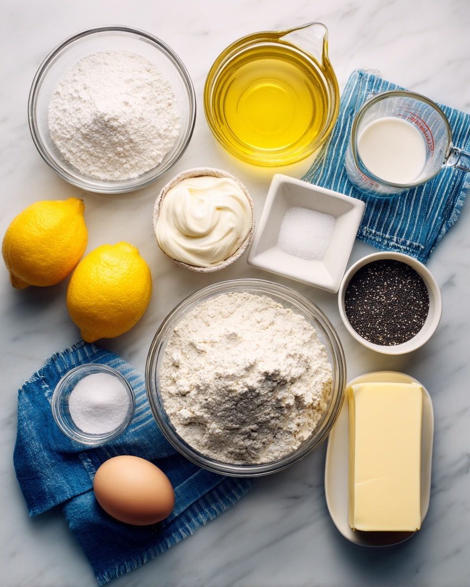 A white marbled surface holds various baking ingredients arranged neatly: at the bottom center, a clear glass bowl filled with white flour with a slightly rough texture; above it to the left, a smaller clear glass bowl filled with white sugar granules; next to sugar, two bright yellow lemons with smooth skins; a small clear glass bowl containing creamy white sour cream sits beside the lemons; in the middle, a clear jar of golden yellow olive oil and a tall clear measuring cup with white milk; to the right of the olive oil, a small white square dish with white baking soda powder and a white baking powder in the measuring cup; next to that, a white bowl filled with small dark poppy seeds; at the bottom right, a light brown egg; above and left of the egg, a stick of pale yellow butter; and on the far right edge, a blue cloth towel with white stripes. All items are spaced to show their distinct colors and textures clearly. photo taken with an iphone --ar 4:5 --v 7