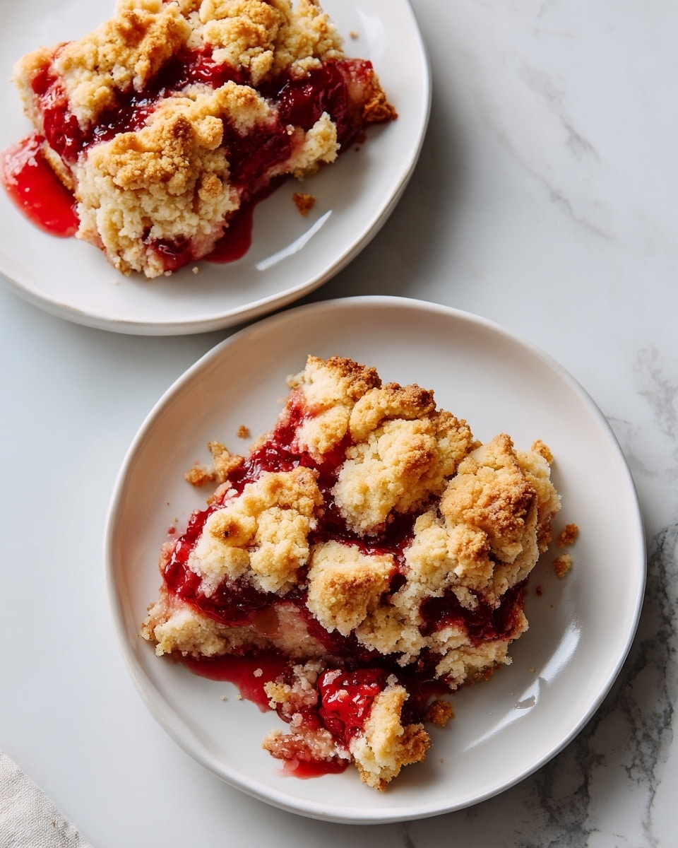 The image shows two white plates with slices of a crumbly, golden-brown dessert that has bright red berry filling visible between broken pieces and oozing out slightly, creating a textured and moist look. The dessert appears to be soft and tender with uneven edges, showing distinct layers of baked dough on top and juicy red fruit filling beneath. The plates rest on a white marbled surface, and the background is clean and bright, emphasizing the vibrant red filling and warm tones of the crust. photo taken with an iphone --ar 4:5 --v 7