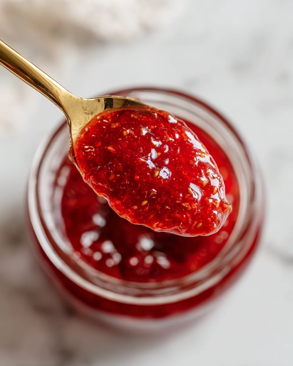 A small clear glass jar filled with bright red jam that has a shiny, slightly chunky texture and a small dent in the center. The jar is placed on a white marbled surface with a soft white cloth underneath. In the upper left corner, a bright yellow lemon is partly visible, and in the upper right corner, there are two red rhubarb stalks with a smooth texture. The colors are bright and fresh, showing the natural look of the ingredients. photo taken with an iphone --ar 4:5 --v 7