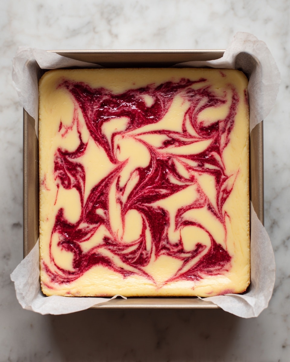 The image shows a square pan lined with white parchment paper holding a creamy light yellow cheesecake batter topped with bright red raspberry swirls. The red raspberry layer is spread unevenly across the surface, creating abstract patterns that mix into the smooth batter below. The edges of the cheesecake are straight and fill the pan evenly. The pan sits on a white marbled surface. Photo taken with an iphone --ar 4:5 --v 7