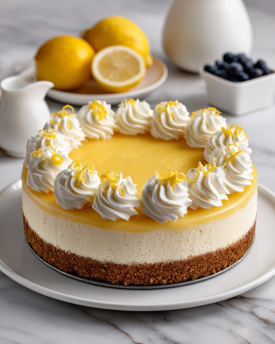 The image shows a lemon cheesecake on a white plate. The bottom layer is a thick, crumbly brown crust. Above that is a creamy off-white cheesecake layer. On top of the cheesecake is a bright yellow lemon curd layer. Around the edge of the lemon curd is a circle of white whipped cream swirls, each topped with a small slice of lemon peel. The cake sits on a white marble surface. In the background, there is a plate with a whole lemon and lemon halves, blueberries in a white bowl, and a small white jug. Photo taken with an iphone --ar 4:5 --v 7
