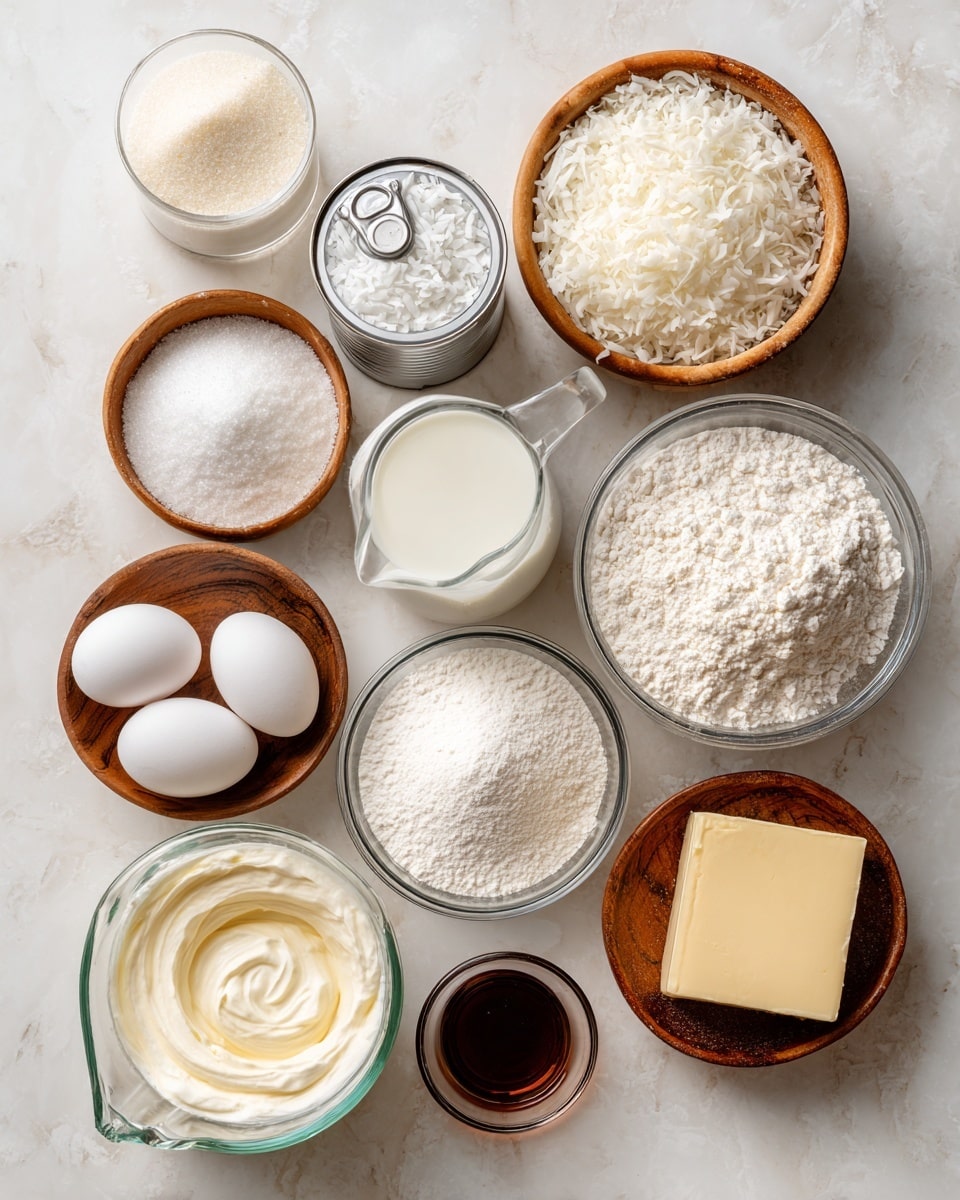 A top-down view of multiple clear glass and wooden bowls placed on a white marbled surface, each filled with different ingredients: one bowl with white shredded coconut, another with white whole milk, a small can filled with white coconut milk, a bowl with white granulated sugar, a glass bowl holding three white eggs, a wooden bowl with white powdered sugar, another wooden bowl containing white cornstarch, a small wooden bowl with salt, a glass bowl with dark brown vanilla extract, a glass measuring cup filled with light cream labeled as heavy whipping cream, and a small rectangular stick of pale yellow butter. Each ingredient is clearly visible and the setup looks clean and organized, photo taken with an iphone --ar 4:5 --v 7