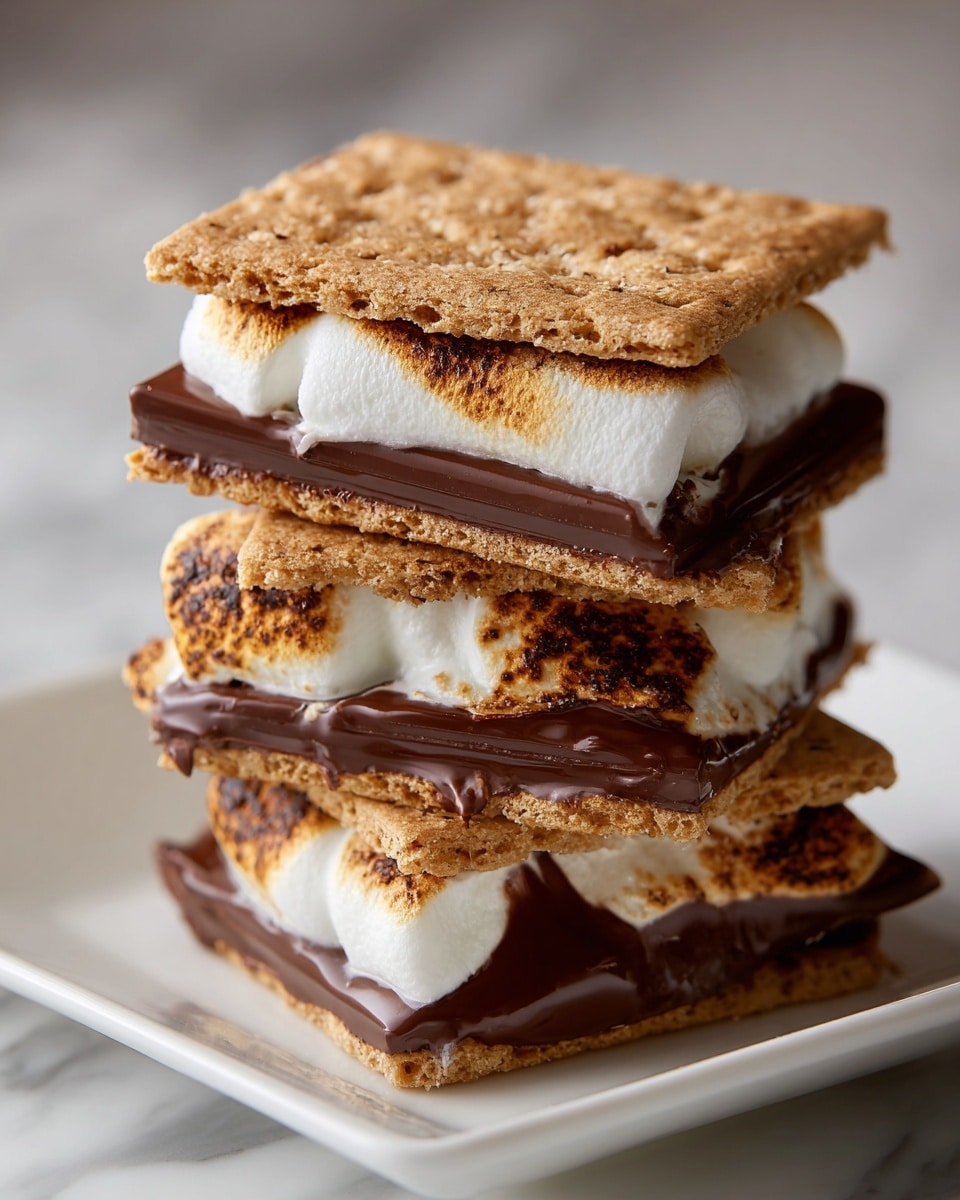 Three s'mores are arranged on a white plate placed on a white marbled surface. Each s'more has three layers: a top and bottom light golden-brown graham cracker with a slightly rough texture and small holes, and in the middle, a layer of melted chocolate and soft, gooey white marshmallow. One s'more is bitten, showing the melted chocolate and marshmallow oozing from between the crackers. In the background, there are stacked squares of graham crackers, pieces of dark brown chocolate, and two white marshmallows slightly out of focus. photo taken with an iphone --ar 4:5 --v 7