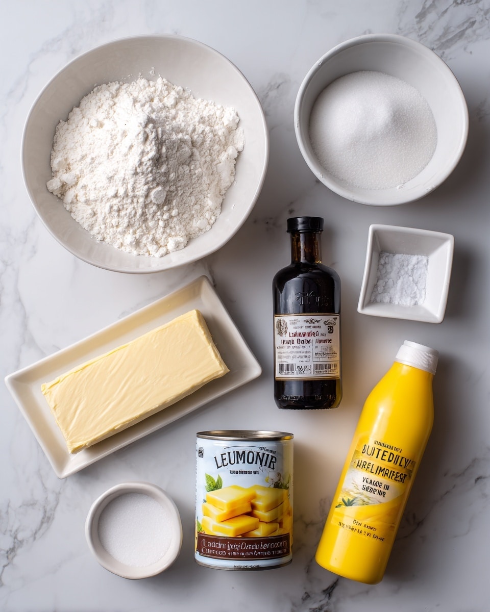 The image shows various baking ingredients arranged on a white marbled surface. In the center-back, there is a white bowl filled with light powder labeled all-purpose flour. To the left, a small white bowl contains white granulated sugar. To the right, a small white square dish holds a white powder labeled baking powder, with a small pile of salt beside it. Towards the center, a rectangular stick of butter in paper wrapping is shown. In front of the butter, there are three bottles: a dark brown bottle labeled vanilla extract, a smaller black bottle labeled lemon extract, and a yellow bottle labeled buttermilk standing upright on the right side. A can of lemon pie filling with a picture of yellow lemon squares is placed in front of the butter. All the items are spaced evenly on the smooth white marbled surface, and the photo is taken with an iphone --ar 4:5 --v 7