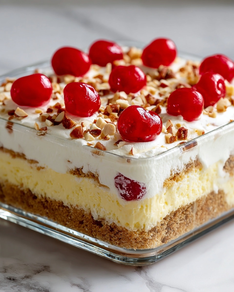 This is a clear glass rectangular dish with a dessert made of four layers. The bottom layer is light brown and crumbly like a crust, followed by a thick white creamy layer. Above that is a light yellow cake layer, and then another thick white creamy layer on top. The top layer is decorated with evenly spaced bright red cherries and small pieces of crushed nuts scattered around them. The dish is placed on a white marbled surface. Photo taken with an iphone --ar 4:5 --v 7