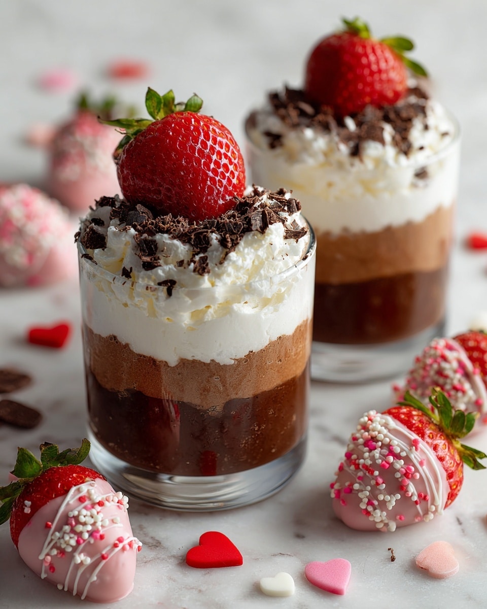 The image shows two clear glass cups filled with three layers: a bottom dark brown creamy layer, a middle lighter brown layer, and a top fluffy white layer sprinkled with small dark chocolate shavings. Each cup is topped with a fresh red strawberry placed on the white layer. Around the cups on a white marbled surface are several strawberries dipped in chocolate with pink and white sprinkles or small heart-shaped decorations in pink and red. Small chocolate shavings and red heart-shaped candies are scattered around, adding color and texture to the scene. Photo taken with an iphone --ar 4:5 --v 7