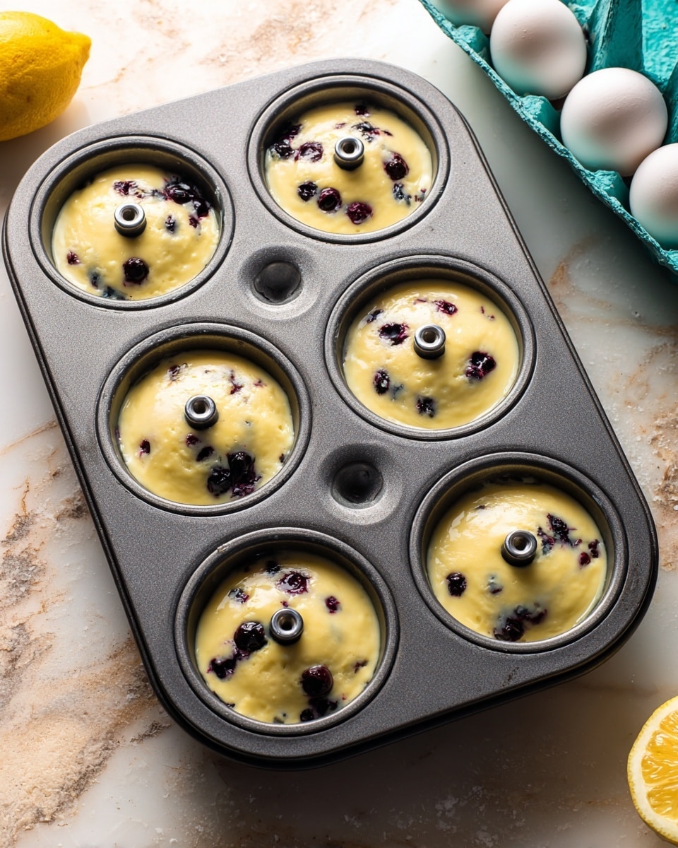 Seven donuts with a light glaze on top, each donut has a golden-brown base with visible dark blueberries baked inside, and the glaze is white with tiny yellow lemon zest sprinkled over it. The donuts are arranged partly on a round yellow woven mat and partly on a white marbled surface. To the left side, there is a close-up of a white bowl filled with fresh dark blueberries, and next to it, two lemon halves with a bright yellow and juicy inside are placed on the white marbled surface. The top left corner shows a corner of a white container. photo taken with an iphone --ar 4:5 --v 7