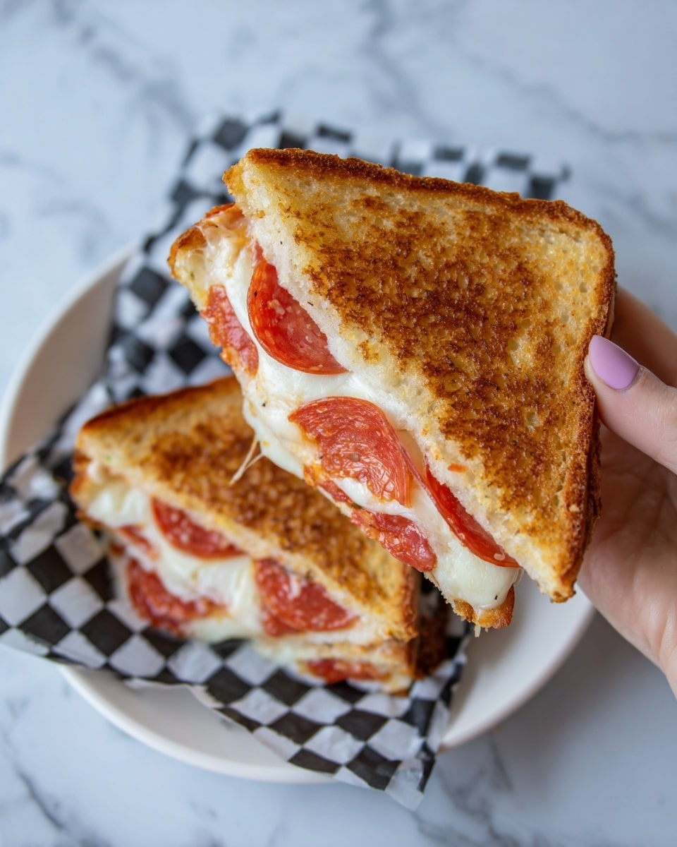 A woman's hand holds one half of a toasted sandwich made from two golden-brown triangular slices of bread with a crispy texture. Inside, there are visible layers of melted white cheese and round, red slices of pepperoni, slightly overlapping each other. The sandwich piece is held close to the camera, while the other half rests on a white plate with a black and white checkered paper liner on a white marbled surface in the background. Photo taken with an iphone --ar 4:5 --v 7