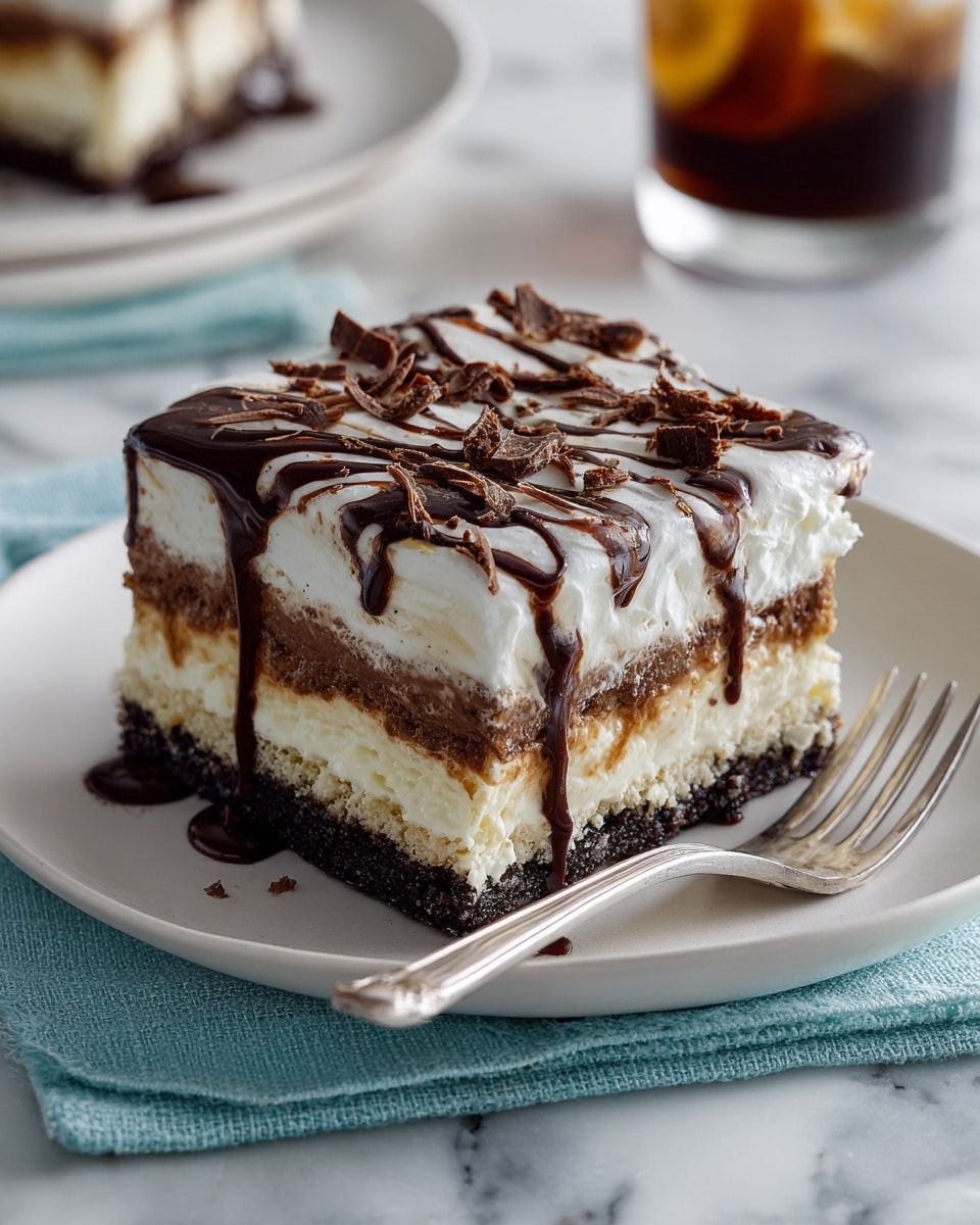 The image shows a square dessert with four clear layers sitting on a white plate placed on a white marbled texture. The bottom layer is dark and dense, like a chocolate cookie crust. Above that is a thick creamy layer with a light beige color and slight swirls of tan. The third layer is a glossy dark chocolate layer that looks smooth and rich. On top is a thick, fluffy white layer that looks like whipped cream or a mousse. This top layer is decorated with small rolled chocolate shavings scattered evenly across it. In the background, there is another similar dessert and a blurred glass with a dark drink. Photo taken with an iphone --ar 4:5 --v 7