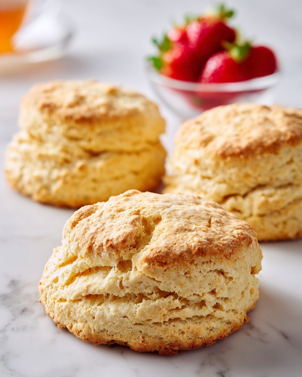 The image shows three light golden biscuits with a soft, crumbly texture arranged in a triangle on a white marbled surface. The biscuit in the front is the closest and most detailed, showing small cracks and layered dough. Behind it, two more biscuits are slightly out of focus, creating depth. In the background, there is a small glass bowl filled with bright red strawberries that are also out of focus, adding a splash of color to the scene. The overall look is bright and simple, with a clean white marbled texture under the biscuits and soft natural lighting. photo taken with an iphone --ar 4:5 --v 7