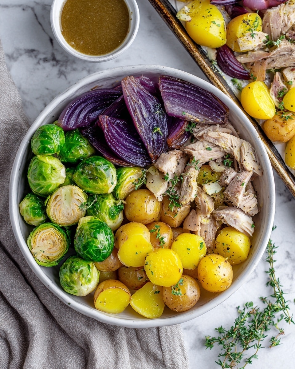 The image shows a white bowl filled with three layers of ingredients: bright green Brussels sprouts on the bottom left, small yellow potatoes in the bottom right half, and thick wedges of purple onion on the top left. Next to the bowl, there is a small bowl of brownish-green sauce and a sprig of fresh green thyme on a white marbled surface. The second image contains a baking tray with a mix of the same ingredients scattered evenly: whole Brussels sprouts, halved yellow potatoes, thick wedges of purple onion, and pieces of browned chicken, all sprinkled with green thyme leaves and cloves of garlic, glowing with a slight roasted texture. photo taken with an iphone --ar 4:5 --v 7