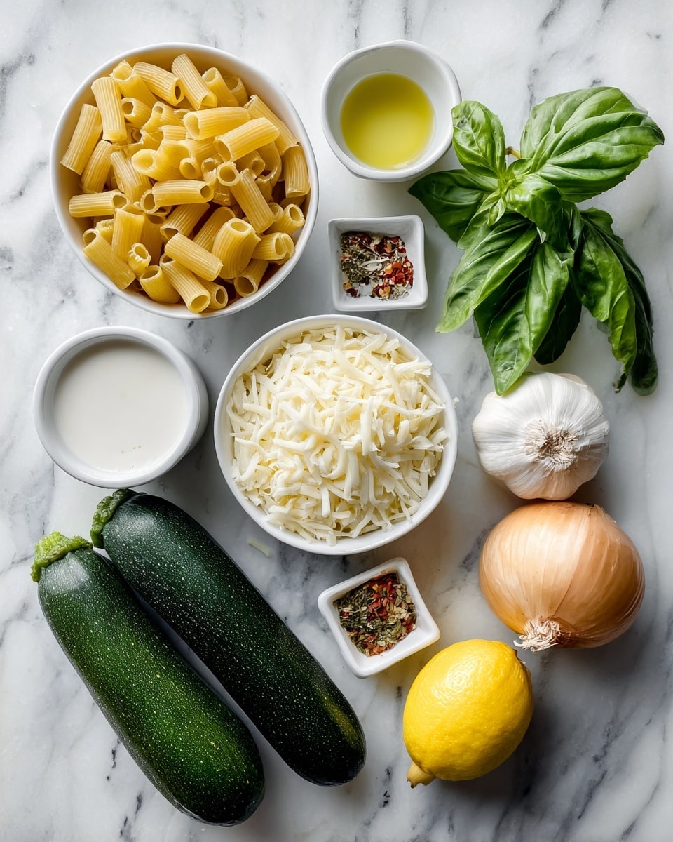The image shows various ingredients arranged on a white marbled surface. There is a small white bowl filled with short tube-shaped yellow pasta at the top left. To the right of it, a fresh green basil sprig lies next to a white whole garlic bulb. Below the basil and garlic, a small white square dish holds mixed seasoning with red, green, and white colors. Below the seasoning, there is a white bowl filled with shredded mozzarella cheese that is pale yellow. To the left of the mozzarella, a small white round bowl contains white coconut milk with a smooth texture. Beside the coconut milk, two dark green zucchinis lie next to each other. Above the zucchinis, half of a white onion is placed. To the right of the onion and below the basil is a yellow lemon. Between the lemon and the mozzarella is a small white round bowl with olive oil, colored light yellow. Photo taken with an iphone --ar 4:5 --v 7