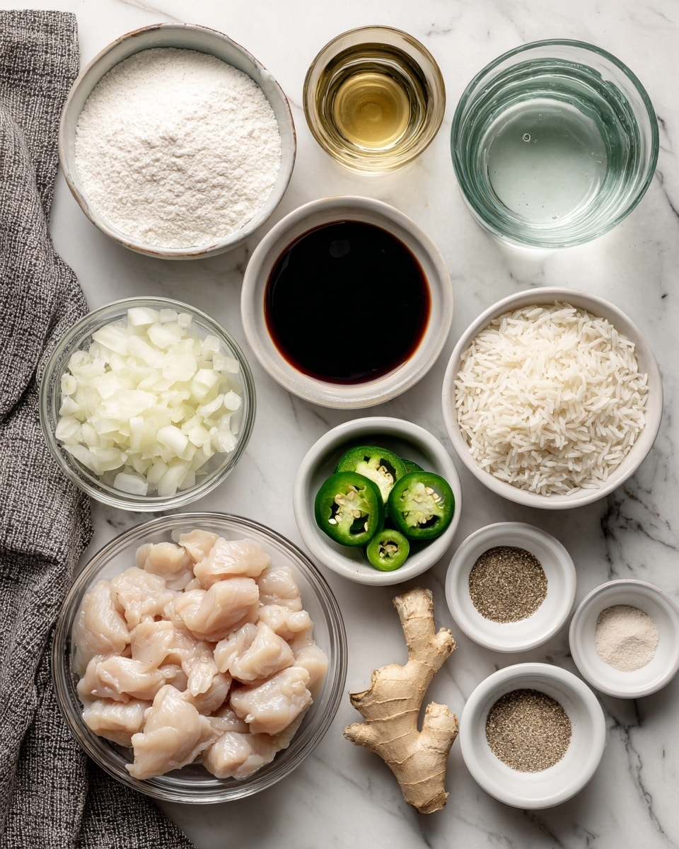 The image shows several small white bowls and clear glass bowls arranged on a white marbled surface, each holding different ingredients for a recipe. At the bottom left, there is a clear glass bowl filled with raw, cut chicken pieces. Above it, a small white bowl contains white cornstarch powder. In the center, a clear glass bowl holds diced white onion, with a piece of fresh ginger root placed beside it. To the right, a small white bowl contains dark soy sauce. Above this, a small white bowl has sliced green jalapeños with one whole jalapeño on top. Near the top right, a white measuring cup filled with white rice and another white bowl holds salt and pepper mix. Adjacent to these, a small white bowl contains light brown sugar, and above it, a gold metal shot glass is filled with water. Near the top left, a small white bowl contains olive oil and a small white bowl with chopped garlic is below it. The ingredients are neatly spaced with a gray textured cloth partially visible on the far left side. The labels for each ingredient are printed clearly in black text next to their bowls. Photo taken with an iphone --ar 4:5 --v 7