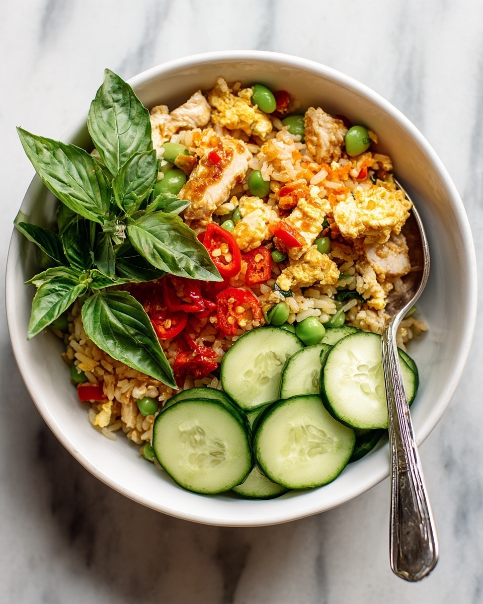 A close-up of a bowl with three main layers: the bottom layer is fried rice mixed with small pieces of scrambled eggs, red bell pepper, green edamame, and bits of cooked chicken with golden brown sear marks; on top, there is a neat layer of thinly sliced cucumber rounds with green edges; fresh green basil leaves are placed on the fried rice near the cucumbers. The bowl is white and sits on a white marbled surface. A silver spoon rests inside the bowl. photo taken with an iphone --ar 4:5 --v 7