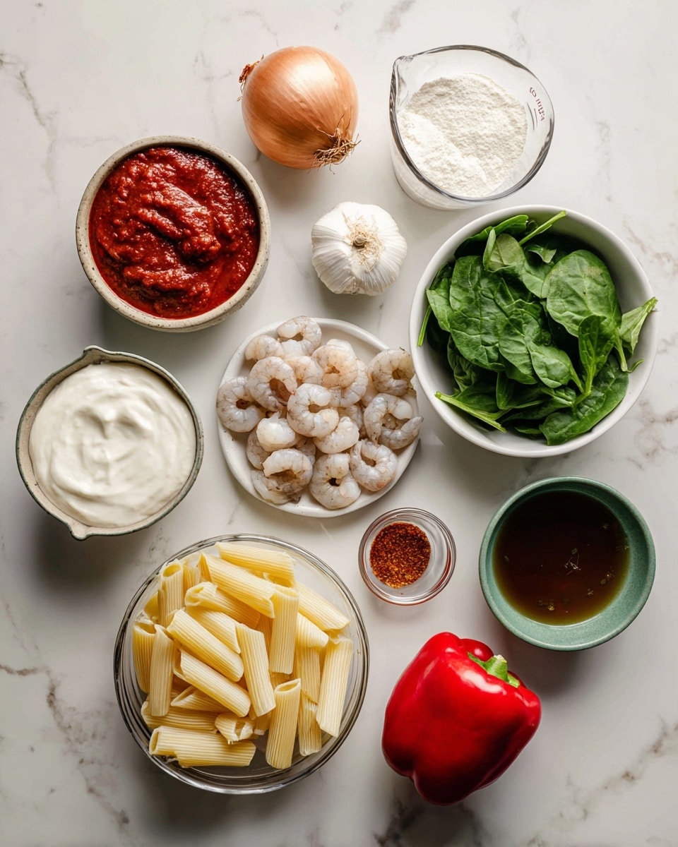 A top-down view of various cooking ingredients arranged on a white marbled surface: a small white bowl with bright red tomato paste sits near a light brown shallot and a clear glass measuring cup with dark brown beef stock; next to them is a small white bowl of white corn starch and a whole bulb of white garlic; a white bowl filled with fresh green spinach leaves is next to an empty small brown ceramic bowl for oil, and a small white bowl with mixed red seasoning powder including a small metal whisk; a clear glass bowl with pale raw shrimp is placed near a clear glass bowl of yellow dry rigatoni pasta; a white plate holds many pieces of sliced light brown chicken sausage; a whole shiny red bell pepper sits near the center; and a small green bowl filled with thick white sour cream completes the setup photo taken with an iphone --ar 4:5 --v 7