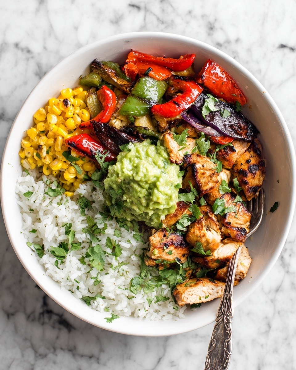 A white bowl is filled with three main layers: the bottom layer is white rice with small green herb pieces scattered around, the middle layer shows grilled chicken pieces with a light brown color and green herbs on top, and the top layer contains mixed grilled vegetables including red and green bell peppers with a slightly charred texture and a few blackened spots, along with some chopped cilantro for garnish. A bright green dollop of chunky guacamole is placed near the center on top of the chicken. To the side, yellow grilled corn kernels add a pop of color. A detailed silver fork rests on the bowl, lying across the vegetables. The background is a white marbled texture. Photo taken with an iphone --ar 4:5 --v 7