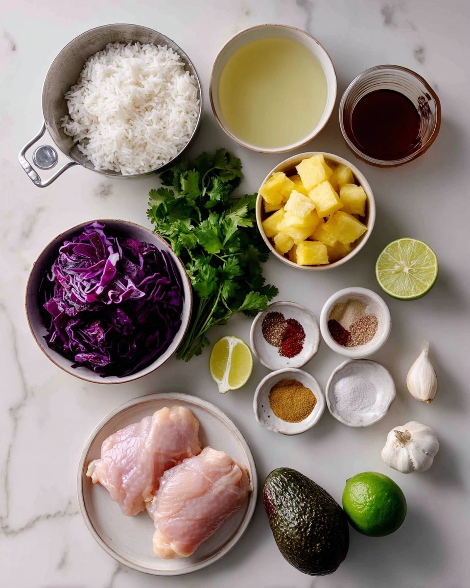 The image shows a flat lay of various ingredients arranged on a white marbled surface. At the center bottom, there is a white plate with two pieces of light pink raw chicken. Below that, a rounded bowl holds creamy white coconut milk. To the left, a metal measuring cup filled with white rice is placed. Above the rice, a small white bowl contains clear oil. To the left of the chicken, a beige bowl is filled with roughly chopped deep purple cabbage. Above the cabbage, a small white square bowl holds bright yellow pineapple chunks. In the middle of the image, there is a bunch of fresh green cilantro. To the right of the cilantro, a small round bowl holds a dark amber liquid labeled maple syrup. Next to the syrup is a whole dark green avocado. Above the avocado, on a white plate, several different dry seasoning powders in shades of white, beige, red, and brown are arranged in small piles. To the right of the chicken, a whole green lime and two peeled garlic cloves rest on the surface. The colors and textures vary from smooth and creamy to rough and leafy, all placed neatly with clear labels. Photo taken with an iphone --ar 4:5 --v 7
