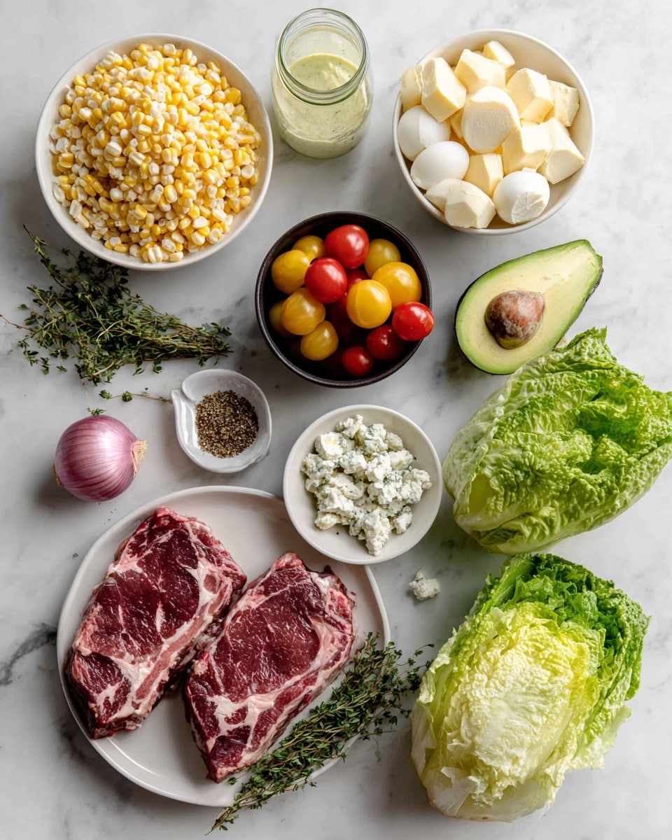 The image shows ingredients arranged on a white marbled surface, ready to make a meal. At the center bottom, two raw steaks sit on a white plate with red and white marbling. To the left is a small white bowl filled with yellow corn kernels. Above the corn is a larger white bowl holding chopped hard-boiled eggs, which are white and pale yellow. Next to the eggs is a jar of light greenish-yellow dressing. A halved avocado with bright green flesh and a pit is placed between the dressing and a dark cup filled with red and yellow cherry tomatoes. To the right of the tomatoes is a whole head of romaine lettuce, vibrant green with crisp leaves. Below the lettuce is a small white bowl of white feta or blue cheese chunks. Fresh green thyme sprigs lay just under the cheese. Between the cheese and steaks, a light purple shallot sits on the surface. A small white bowl with mixed seasoning sits to the left of the shallot, containing black, white, and brown powders. The ingredients are all displayed neatly with clear labels. Photo taken with an iphone --ar 4:5 --v 7